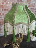 Antīka galda lampa ar pāvu un zaļu zīda samta kupolu — jūgendstila un historisma eklektikā (antique desk lamp) (6972) - Image 10