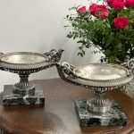 antique silver footed tazza marble base pair
