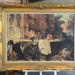 large framed still life painting with hunting dogs and game after oudry