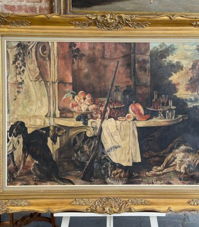 large framed still life painting with hunting dogs and game after oudry