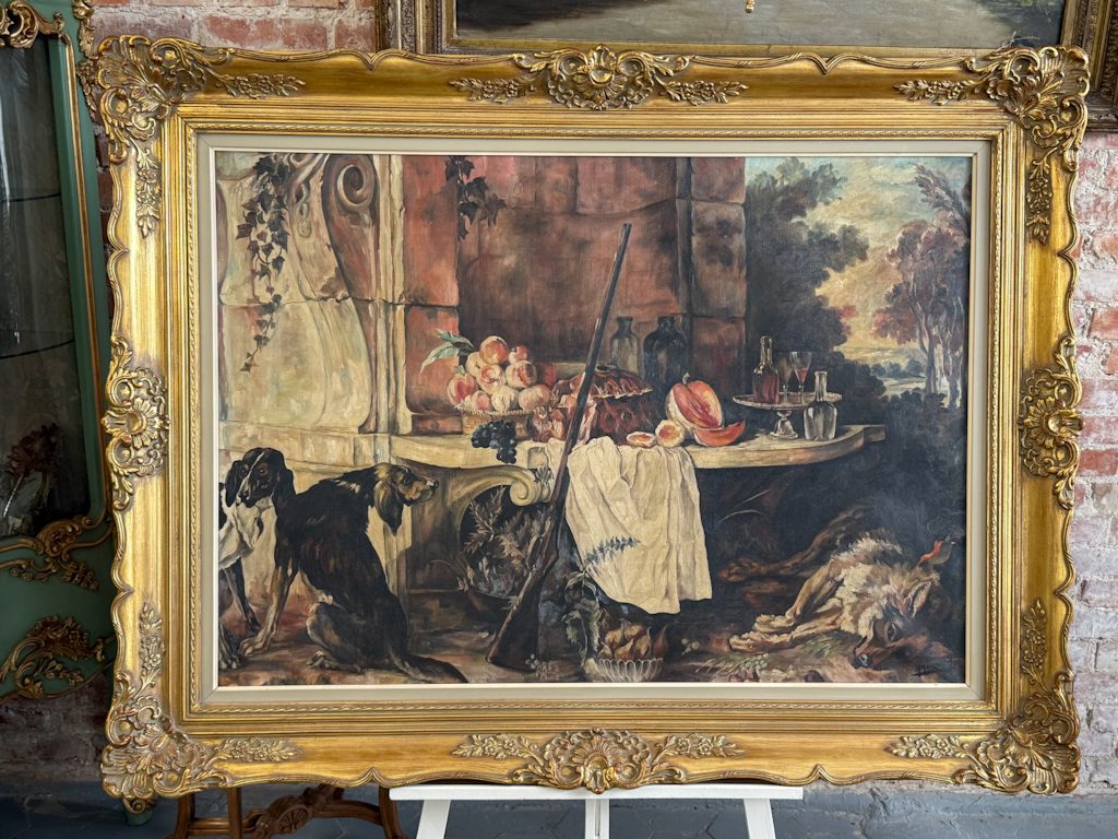 IMG_7538 large framed still life painting with hunting dogs and game after oudry