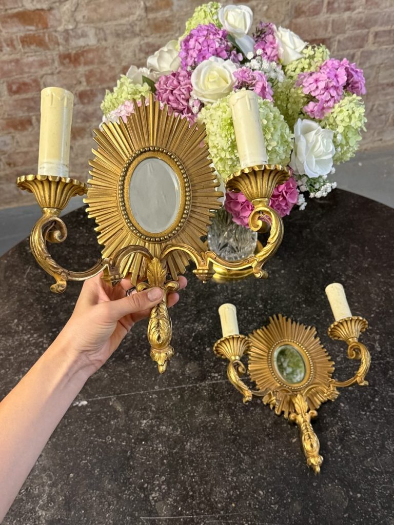 Bronzevæglampe med facetslebne spejle, mellem størrelse, tung (7155)