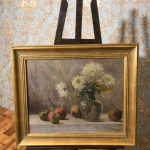 Antique French oil on canvas painting still life with chrysanthemums L. Baraum 1908
