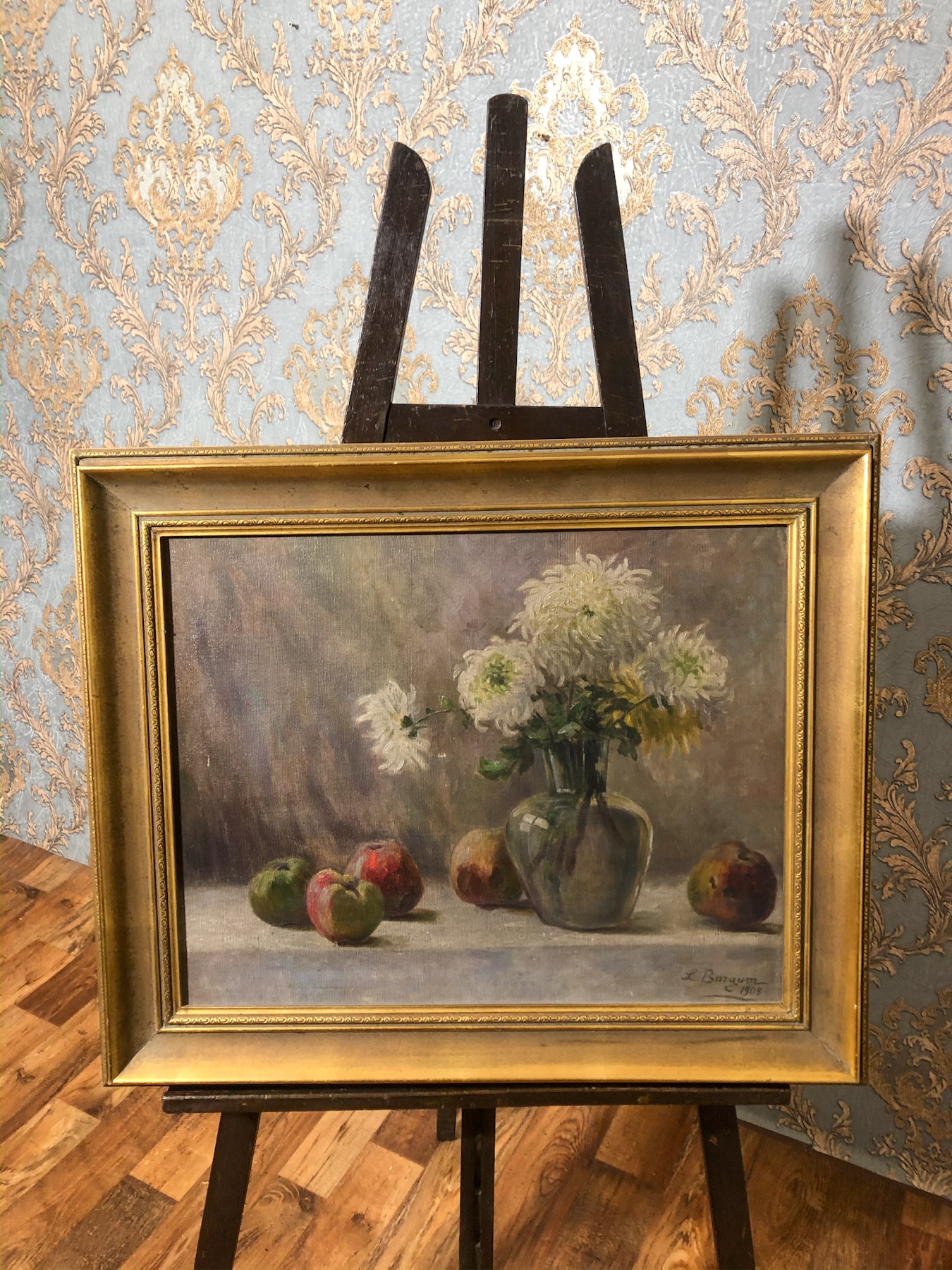 IMG_7592 Antique French oil on canvas painting still life with chrysanthemums L. Baraum 1908