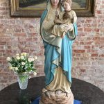Liela izmēra, ļoti smaga skulptūra/figūra no baznīcas, ar mākslinieka parakstu Madonna ar Bērnu Jēzu un Vissvētāko Sirdi — Neoģotika / Katoliskā atdzimšana, Ljēža (Beļģija), ap 1870.–1910. · Autors: Léon Beaujean, Liège(6494)