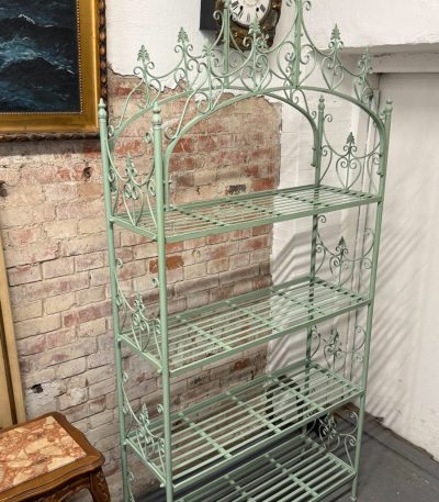 Antique French 5-tier wrought iron baker's rack plant stand in sage green