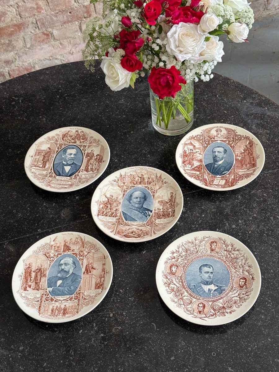 IMG_7898 five antique faience plates with historical French portraits from Sarreguemines