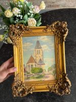 maza izmēra glezna ar baznīcu, zelta krāsas rāmī (6558)