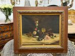 still life oil painting wine liquor fruit wood frame 6639