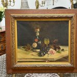 still life oil painting wine liquor fruit wood frame 6639