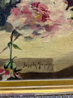 Vēsturiska eļļas glezna “Klusā daba ar salona pudeli un vīna kausu” — still life oil painting — ap 1900. gadu (6639) - Image 5