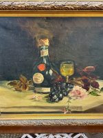 Vēsturiska eļļas glezna “Klusā daba ar salona pudeli un vīna kausu” — still life oil painting — ap 1900. gadu (6639) - Image 9