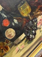 Vēsturiska eļļas glezna “Klusā daba ar salona pudeli un vīna kausu” — still life oil painting — ap 1900. gadu (6639) - Image 10