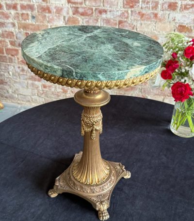 Small green marble table with brass column and paw feet