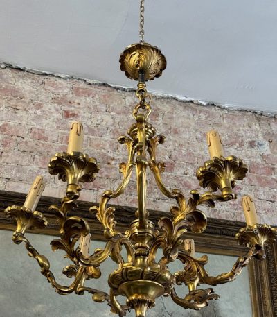 Antik bronze loftlampe med 6 lys i rokoko-stil, (6647)
