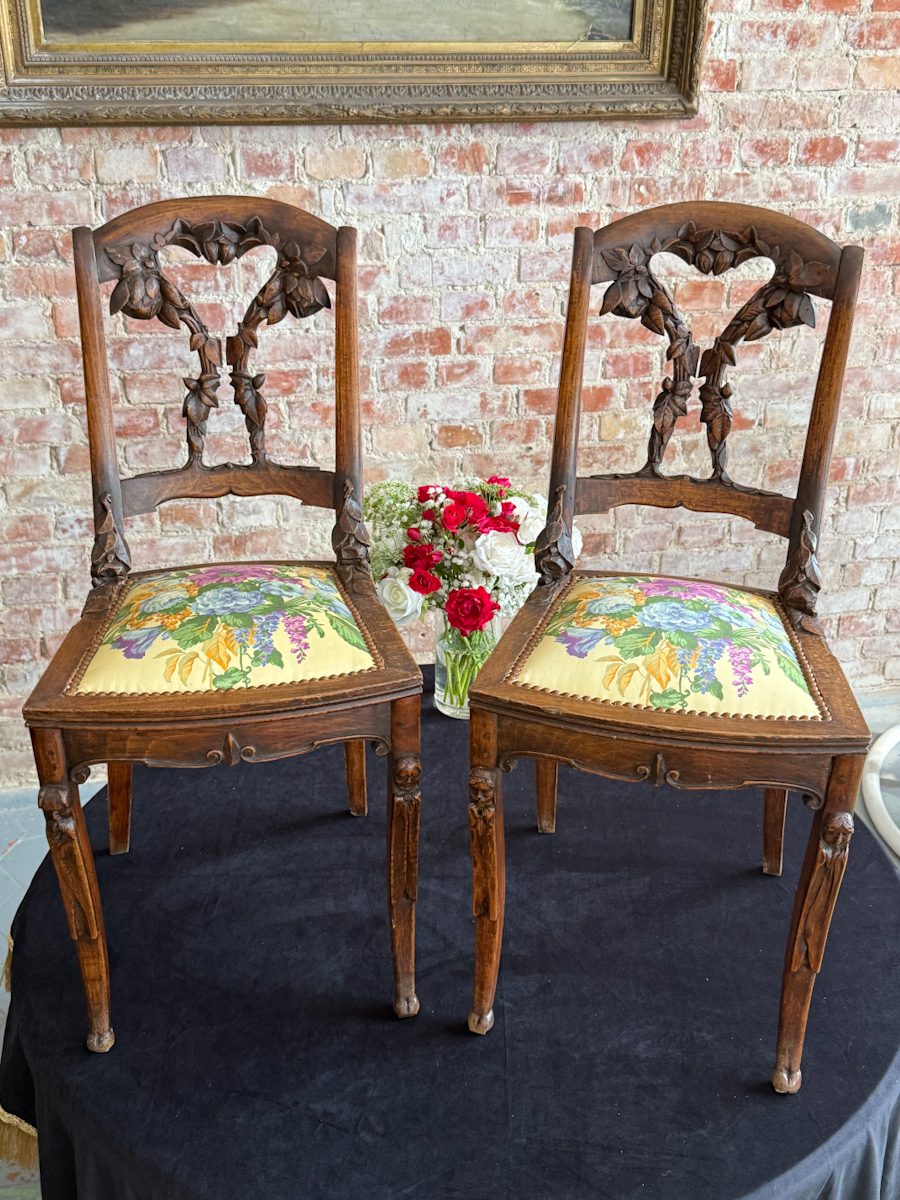 IMG_8015 2 Pair of French Art Nouveau carved oak side chairs with floral upholstery and mascaron legs