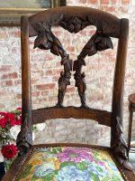 Antīku Jugendstila koka krēslu pāris ar smalkiem kokgriezumiem (Pair of French Art Nouveau Carved Oak Chairs with Floral Upholstery) (7001) - Image 7