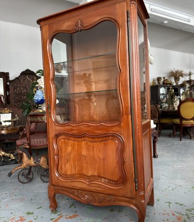 antique french louis xv style wooden display cabinet vitrine bronze hardware glass shelves