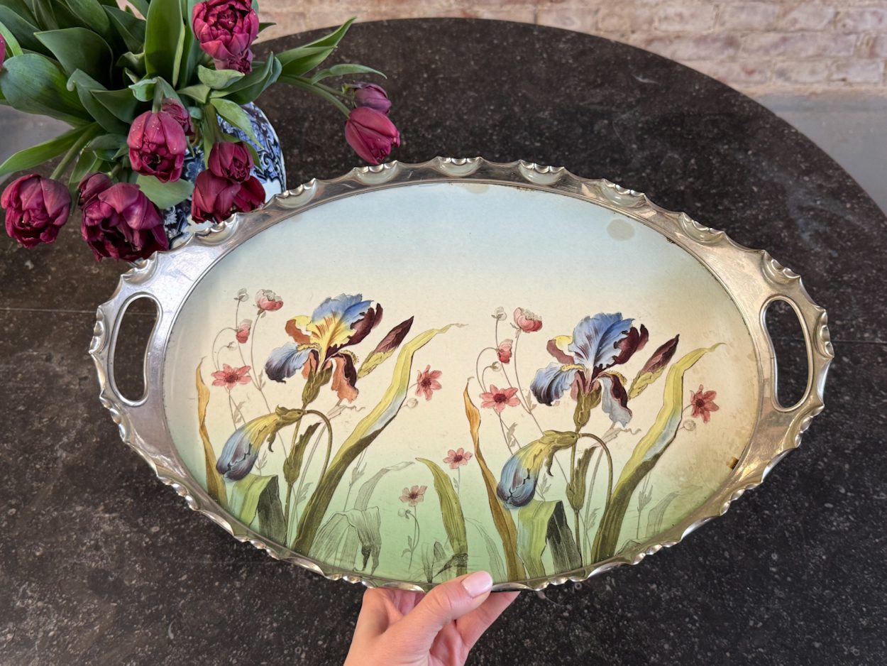 IMG_8475 oval serving tray art nouveau iris flower 6386