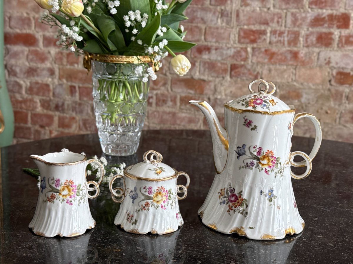 IMG_8483 Antique French porcelain tea set with floral motifs and gold trim`
