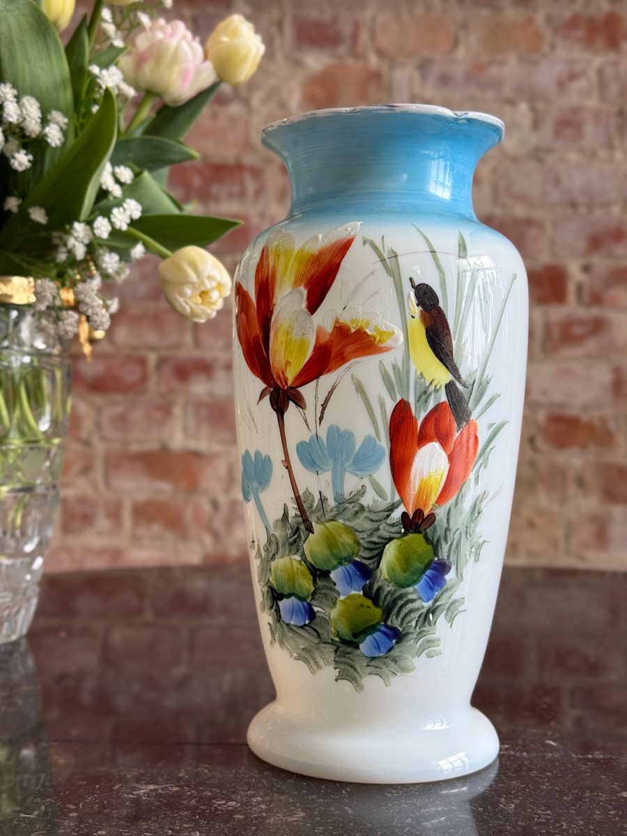 Hand-painted milk glass vase with blue gradient