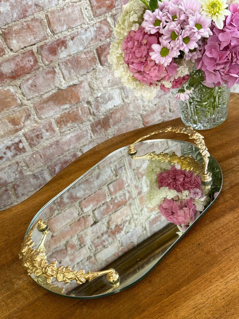 Messing spejlbakke med blomsterhåndtag (5982)