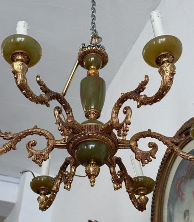 Antik messing og grøn onyx loftslampe med 6 pærer