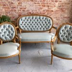 antique gilded salon suite light blue silk sofa and armchairs trio