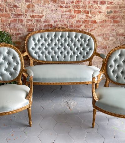 Luksuriøst forgyldt salongmøbelsæt med lyseblå silke - Louis XVI-stil