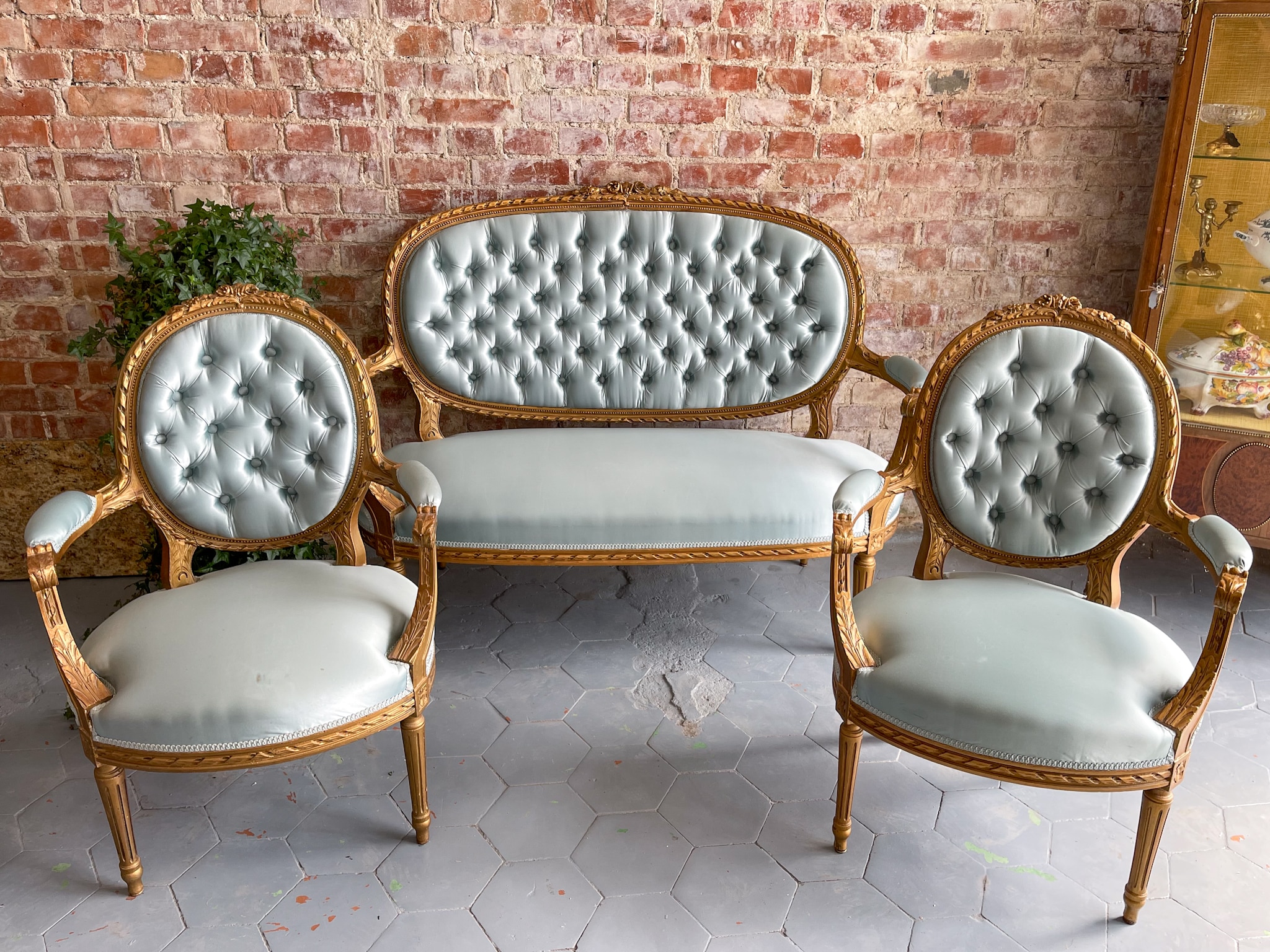 IMG_8758 antique gilded salon suite light blue silk sofa and armchairs trio