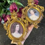 antique mini portrait miniatures gold frames pair