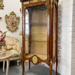 antique french rococo style wooden display cabinet vitrine bronze hardware golden damask interior