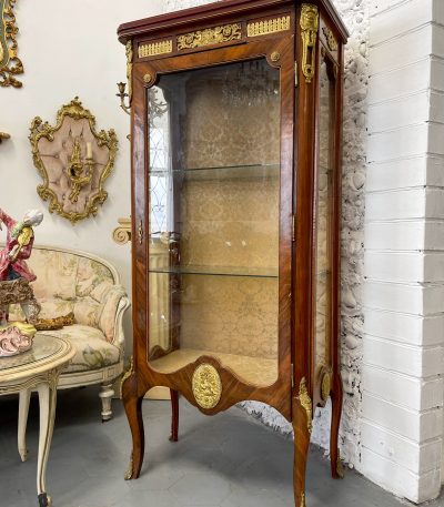 antique french rococo style wooden display cabinet vitrine bronze hardware golden damask interior