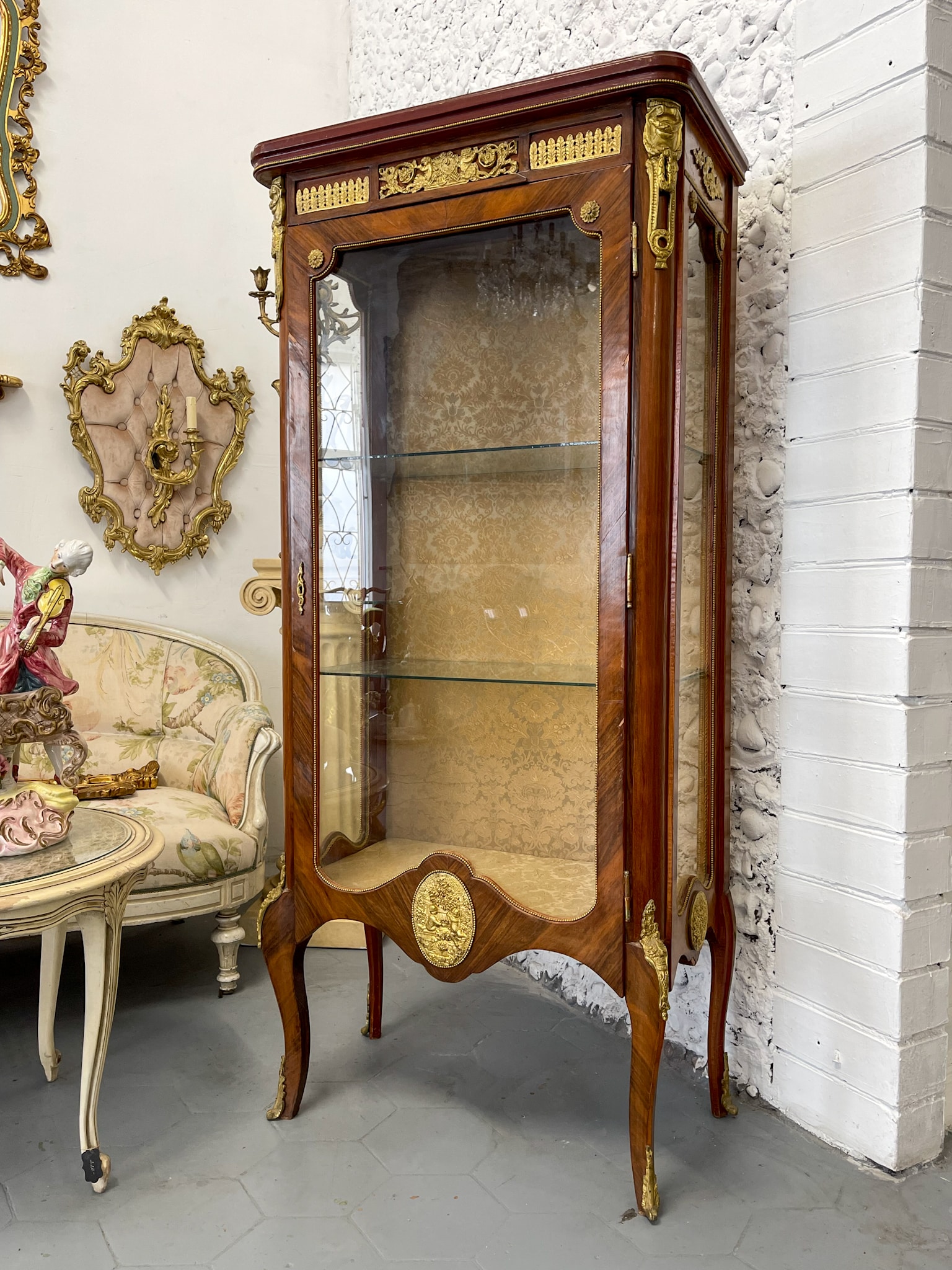 IMG_8834 antique french rococo style wooden display cabinet vitrine bronze hardware golden damask interior