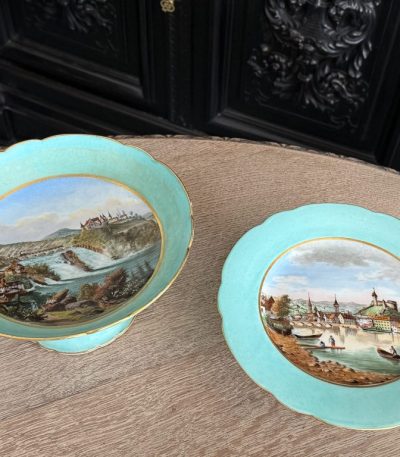 Antikt håndmalet schweizisk porcelænsæt med Rhinenfaldet og Schaffhausen