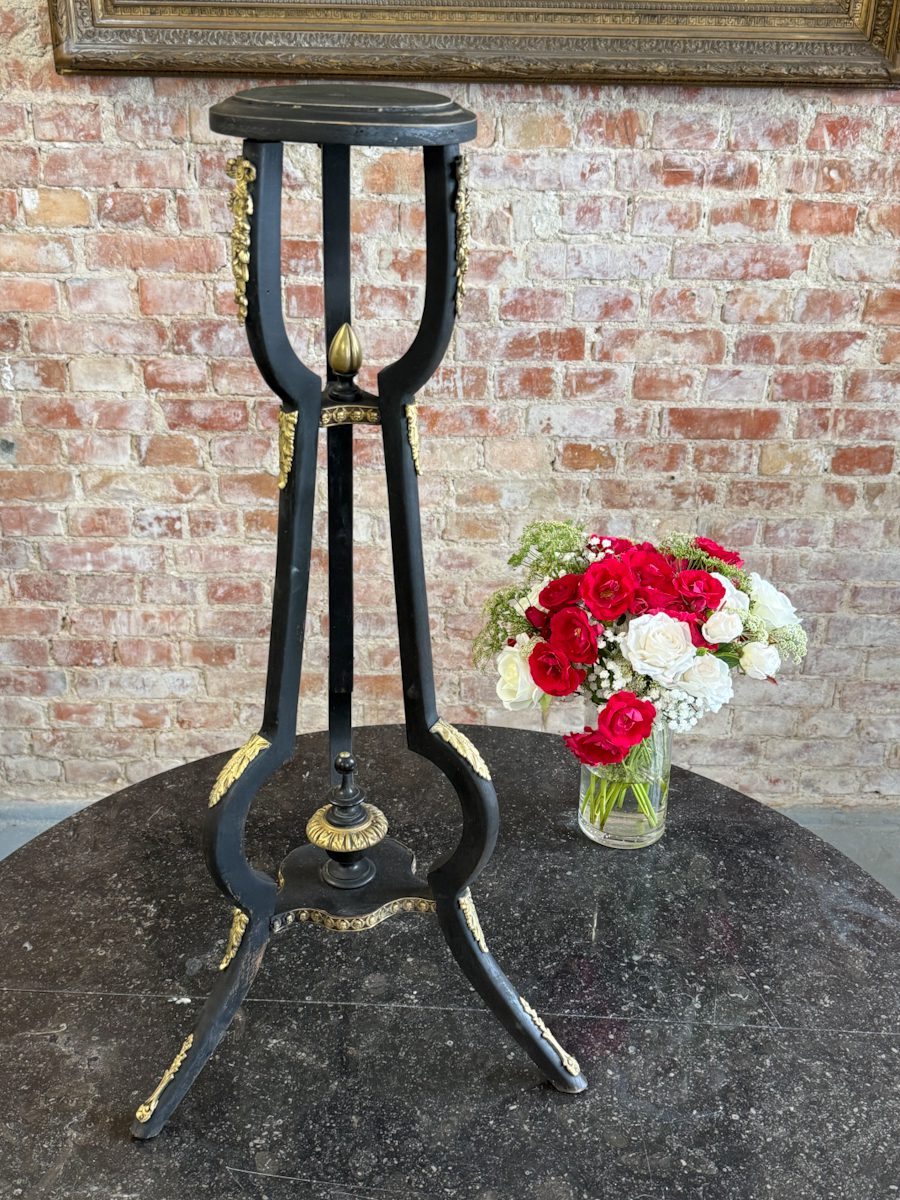 IMG_8959 Tall antique black wooden pedestal stand with ornate gilded bronze cherub mounts and floral details in Napoleon III style.