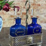 antique cobalt blue glass whisky gin decanter set in silver plated lion head stand