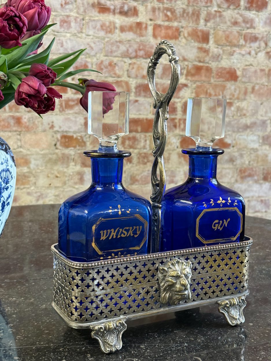 IMG_9014 antique cobalt blue glass whisky gin decanter set in silver plated lion head stand
