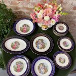 vintage marguises porcelain romantic plate set royal blue and gold fragonard motif