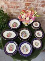 vintage marguises porcelain romantic plate set royal blue and gold fragonard motif