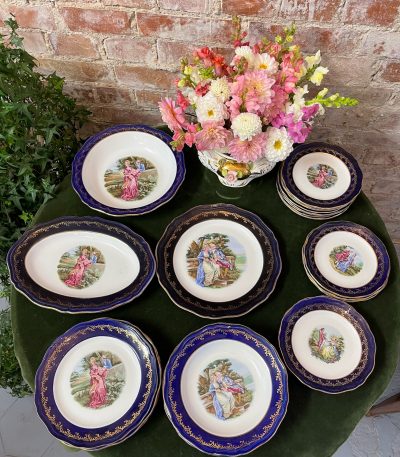 vintage marguises porcelain romantic plate set royal blue and gold fragonard motif