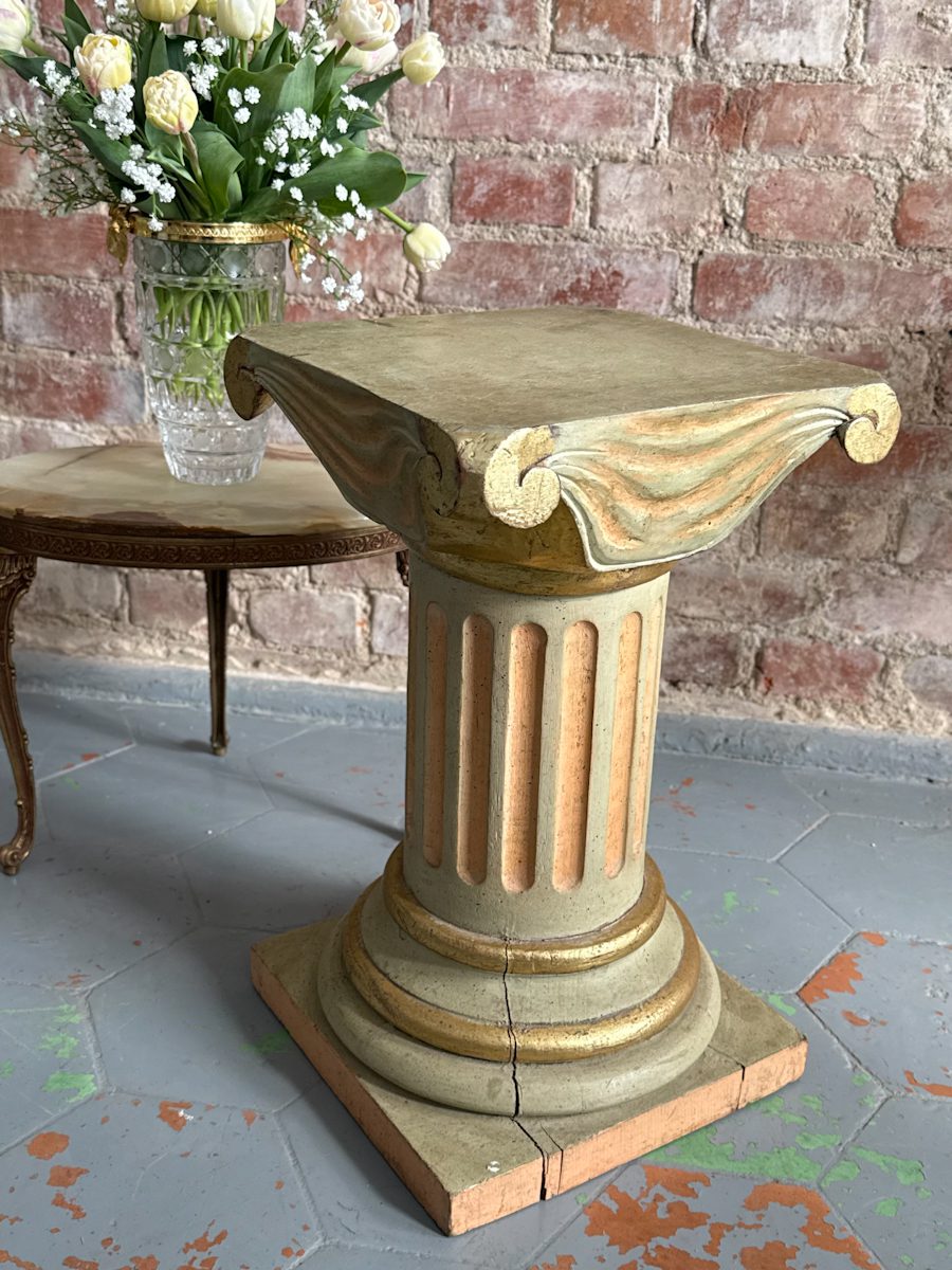 Wooden column pedestal sage green