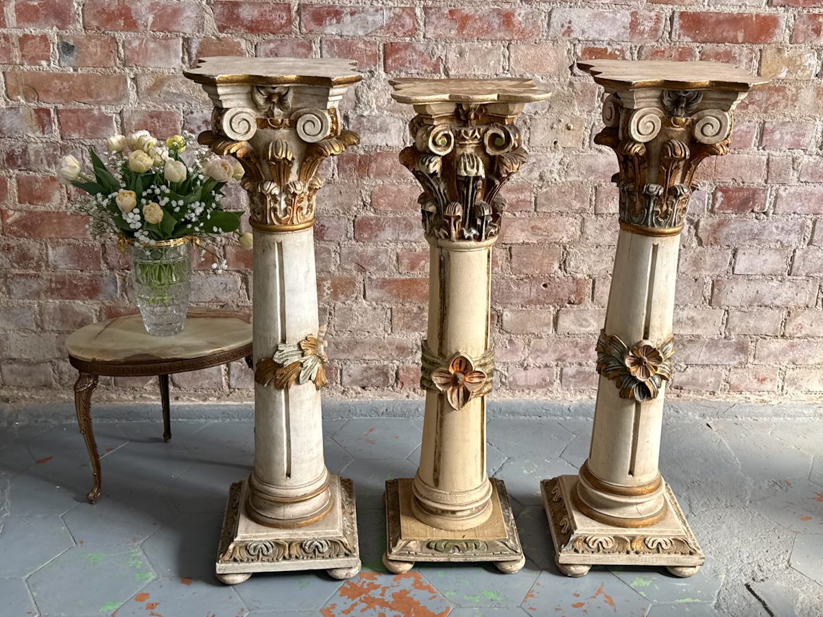 Painted wood Corinthian column pedestal in cream with pastel and gilt accents