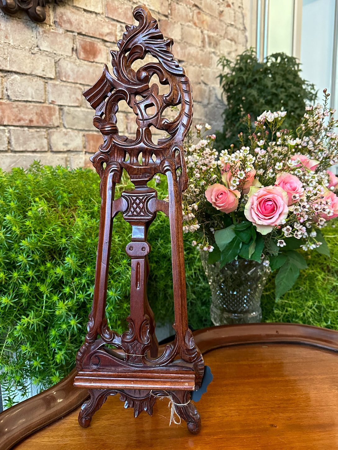 IMG_9110 2 Antique French mahogany tabletop easel with ornate hand carved Rococo scrolling openwork shell and acanthus leaf finial.