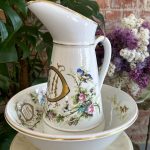 Antique French porcelain wash basin and pitcher set from Toulouse featuring hand-painted birds