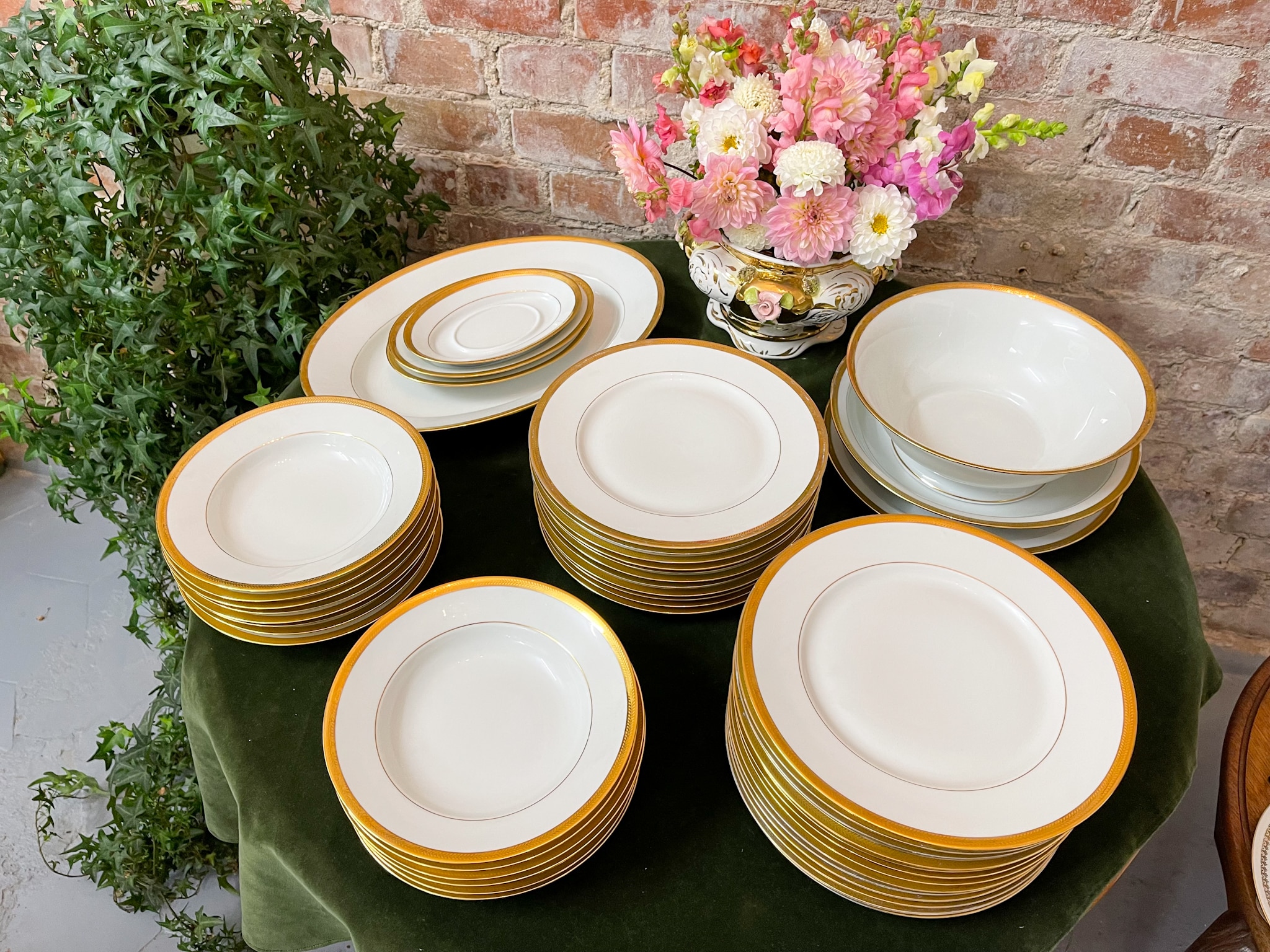 IMG_9195 antique limoges france porcelain dinner service set with wide gold band pattern