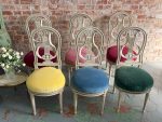 Set of 6 painted wood lyre-back chairs with colorful velvet seats in Louis XVI style
