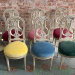 Set of 6 painted wood lyre-back chairs with colorful velvet seats in Louis XVI style