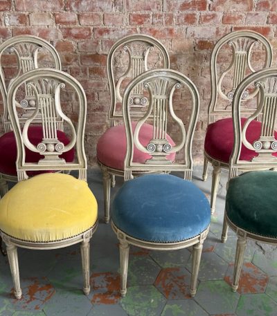 Set of 6 painted wood lyre-back chairs with colorful velvet seats in Louis XVI style