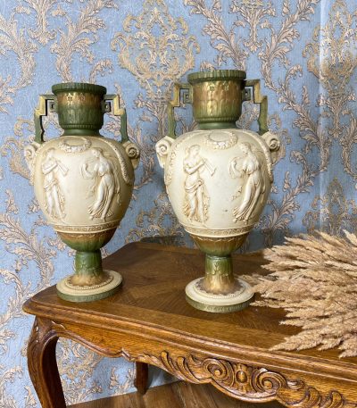 Store porcelænsvaser, beige, grøn og guld, 2 stk.